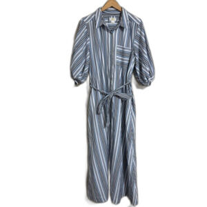 Maeve Anthropologie Blue and White Striped Puff Sleeve Maxi Dress size L Coastal